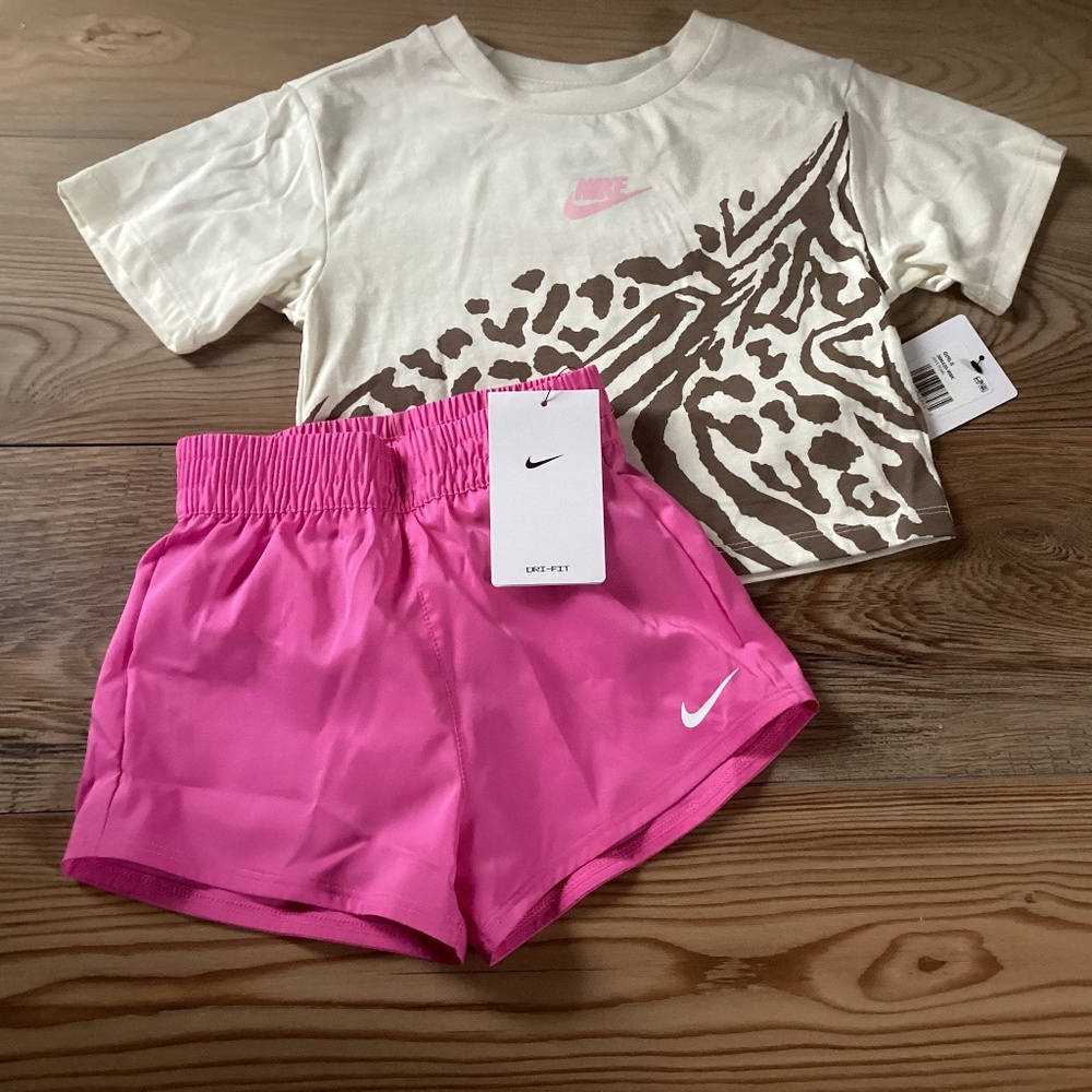 Nike Cream Animal-Print Crop Tee with Hot Pink Dri-FIT Shorts